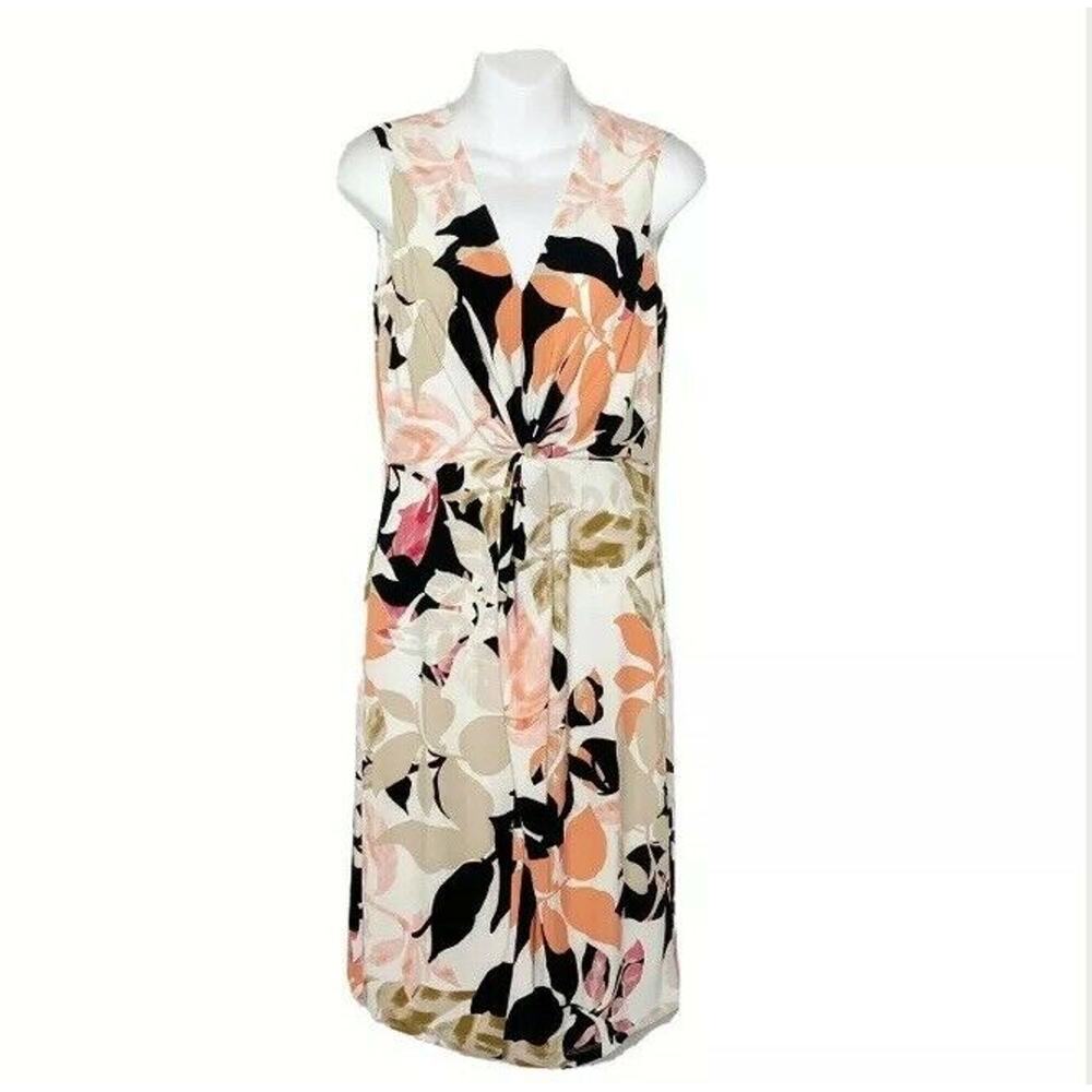 Donna Karen New York Dress Sz 2‎ Abstract Floral Stripe Black/Peach/Cream Lined